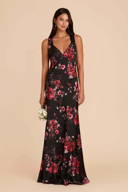 Veronica Matte Satin Dress - Black Fleurs D'Amour sold by Birdy Grey