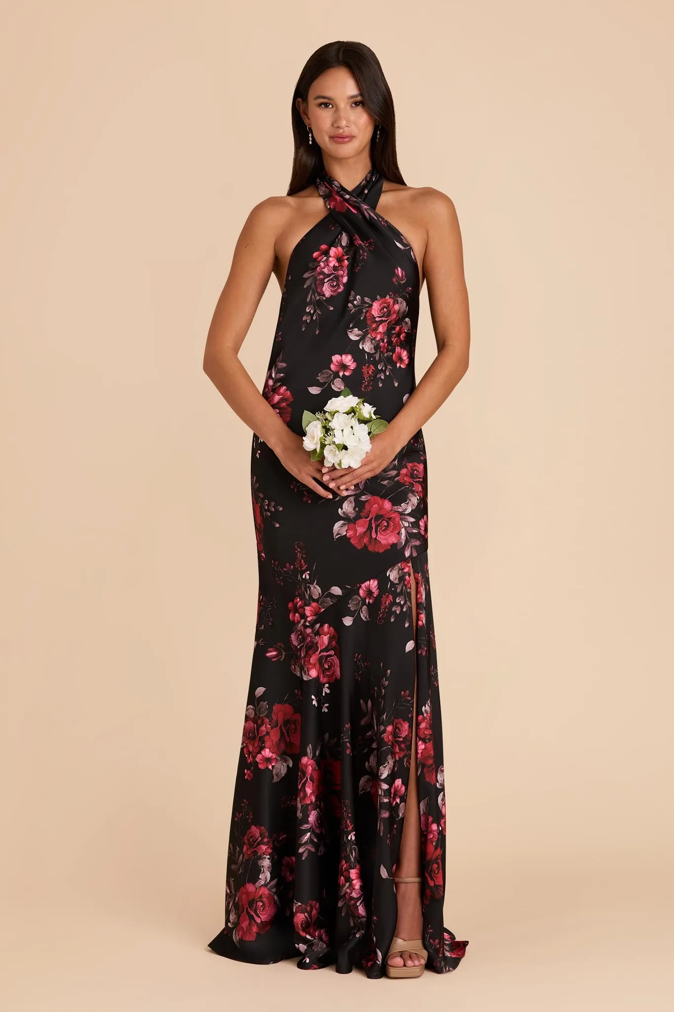 Stephanie Matte Satin Dress - Black Fleurs D'Amour sold by Birdy Grey