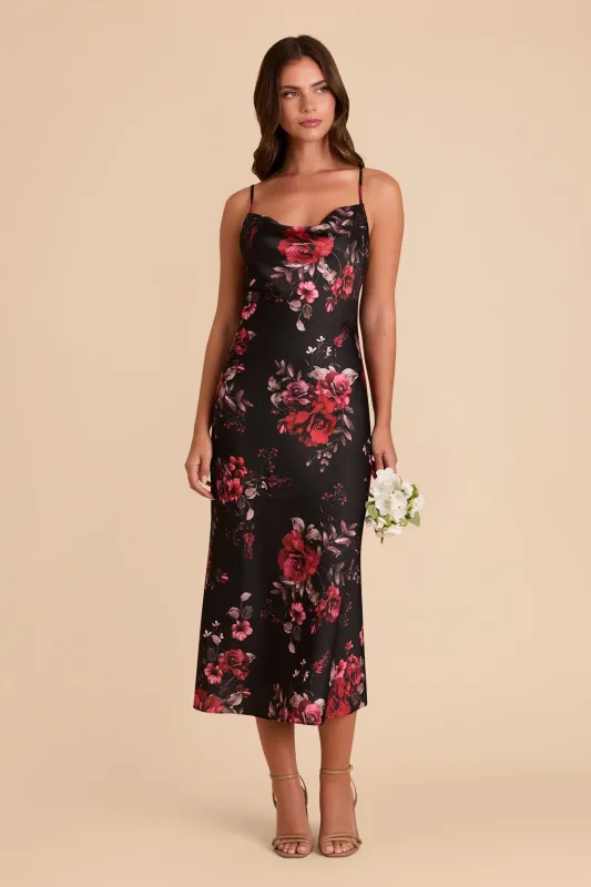 Lisa Matte Satin Midi Dress - Black Fleurs D'Amour sold by Birdy Grey