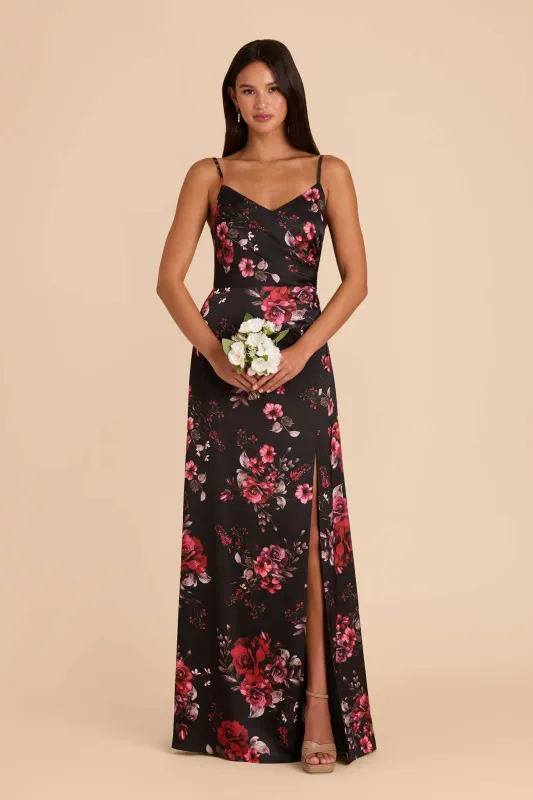 Catherine Matte Satin Dress - Black Fleurs D'Amour sold by Birdy Grey