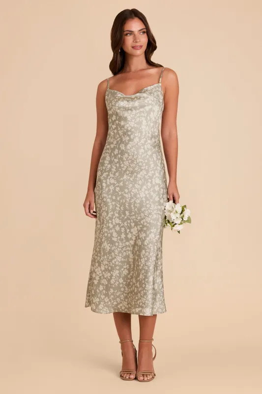 Lisa Matte Satin Midi Dress - Moss Green Dreamy Floral sold by Birdy Grey