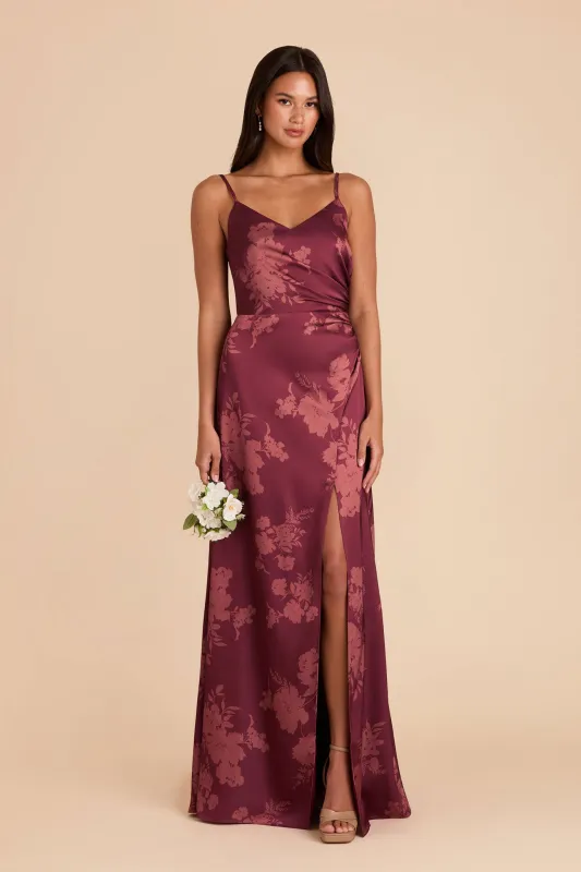 Catherine Matte Satin Dress - Sangria Whimsical Blooms sold by Birdy Grey