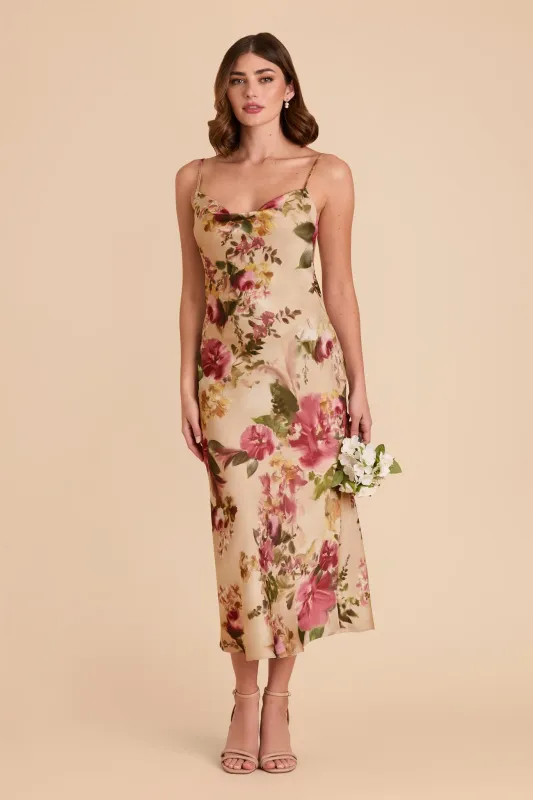 Lisa Matte Satin Midi Dress - Hazelnut Moody Blooms sold by Birdy Grey