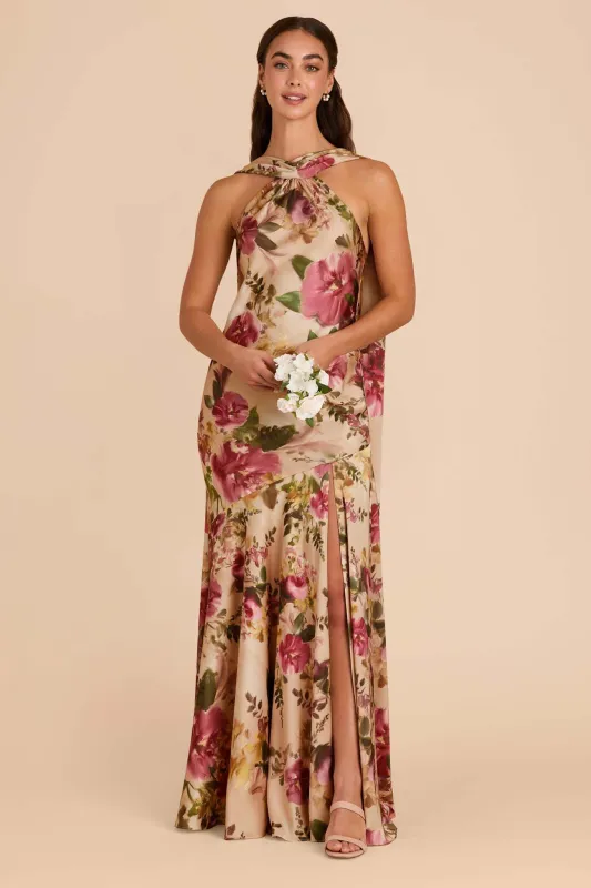 Eileen Matte Satin Dress - Hazelnut Moody Blooms sold by Birdy Grey
