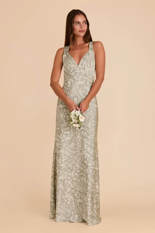 Veronica Matte Satin Dress - Moss Green Dreamy Floral sold by Birdy Grey