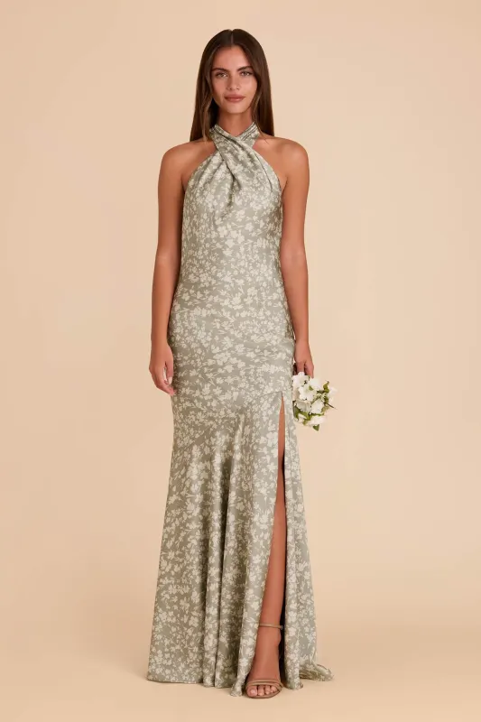 Stephanie Matte Satin Dress - Moss Green Dreamy Floral sold by Birdy Grey