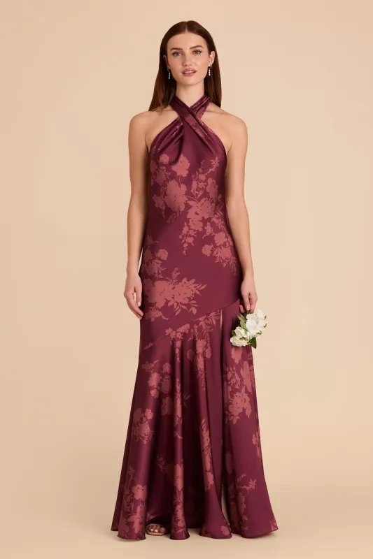 Stephanie Matte Satin Dress - Sangria Whimsical Blooms sold by Birdy Grey