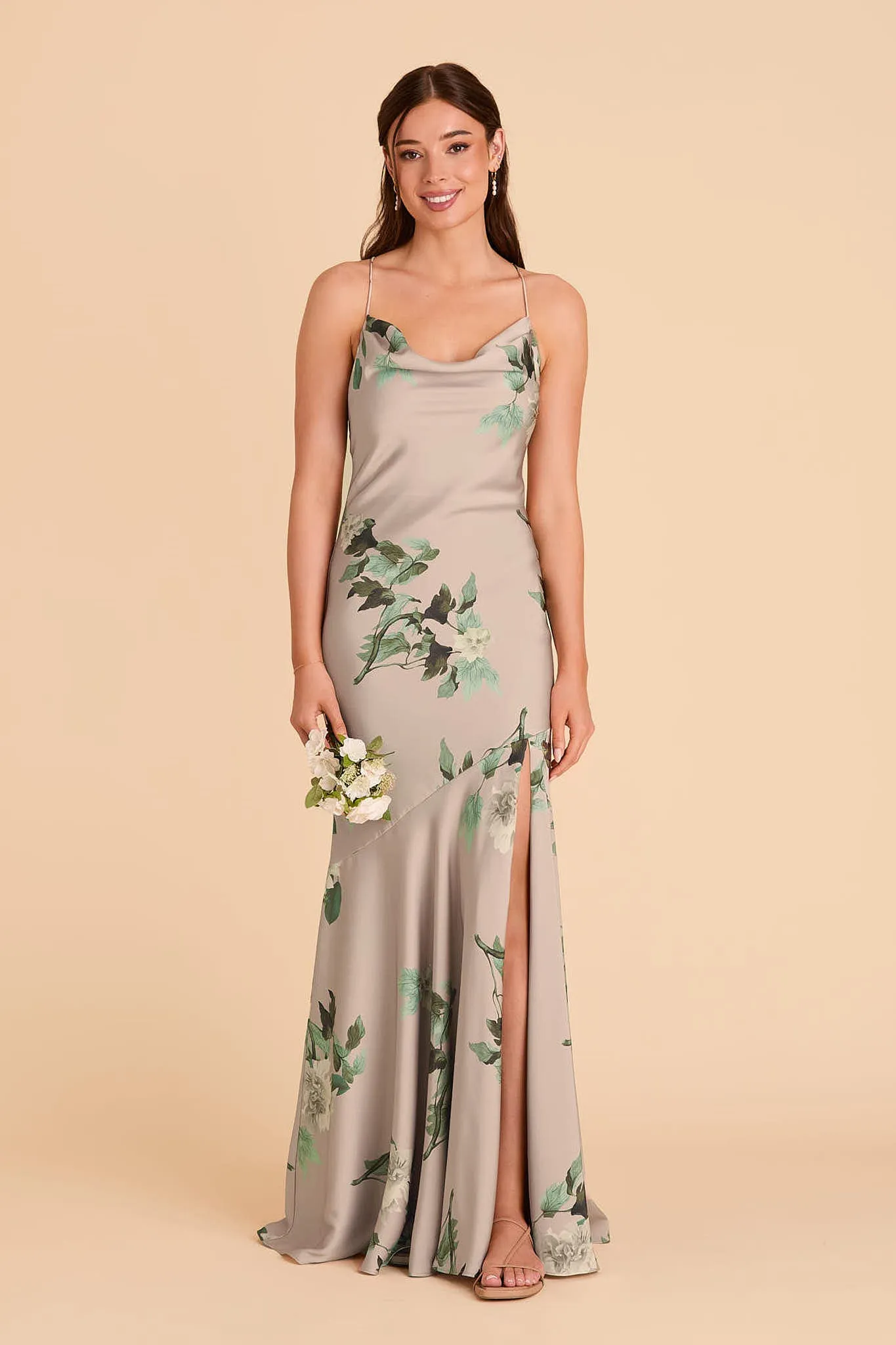 Olivia Matte Satin Dress - Latte Camelia Blooms sold by Birdy Grey