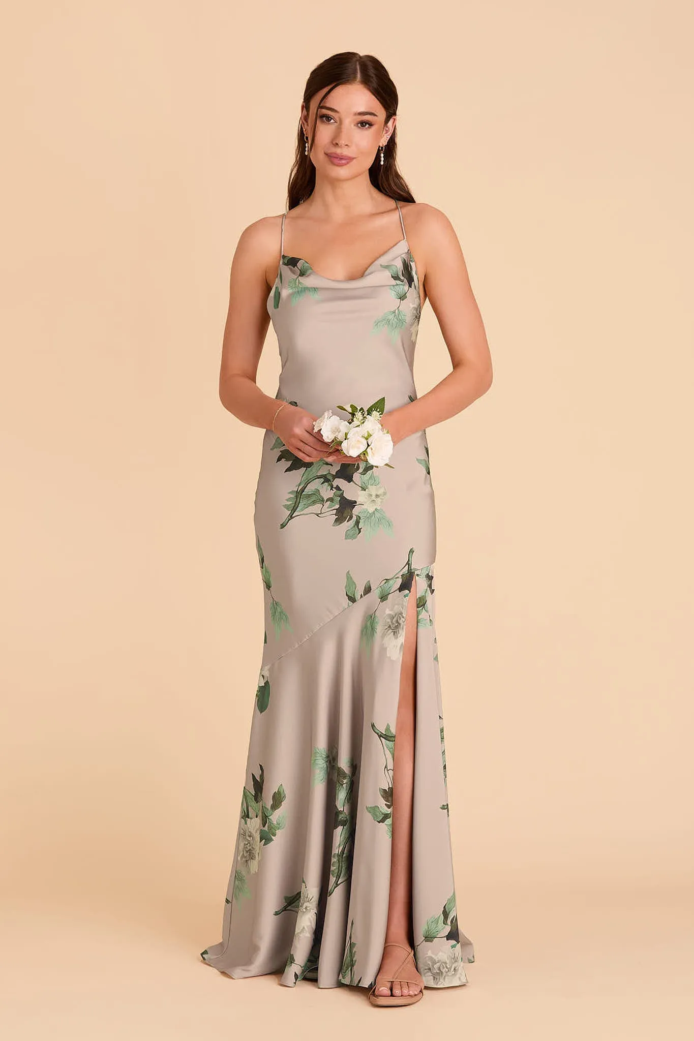 Olivia Matte Satin Dress - Latte Camelia Blooms sold by Birdy Grey product image thumbnail 3