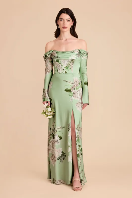 Maya Matte Satin Dress - Pistachio Garden Bloom sold by Birdy Grey
