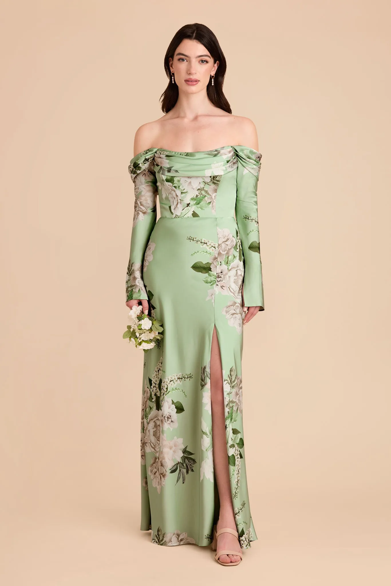 Maya Matte Satin Dress - Pistachio Garden Bloom sold by Birdy Grey