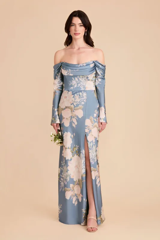 Maya Matte Satin Dress - Dusty Blue Romantic Bouquet sold by Birdy Grey