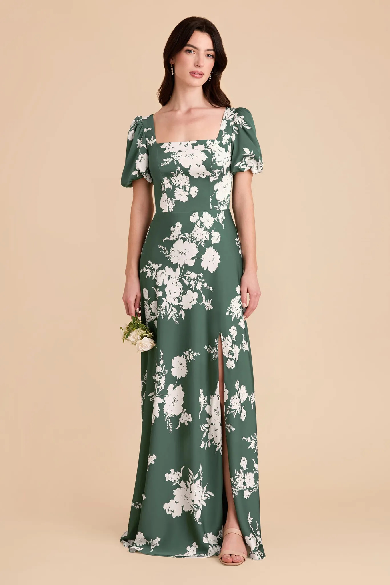 Judy Matte Satin Dress - Eucalyptus Whimsical Blooms sold by Birdy Grey