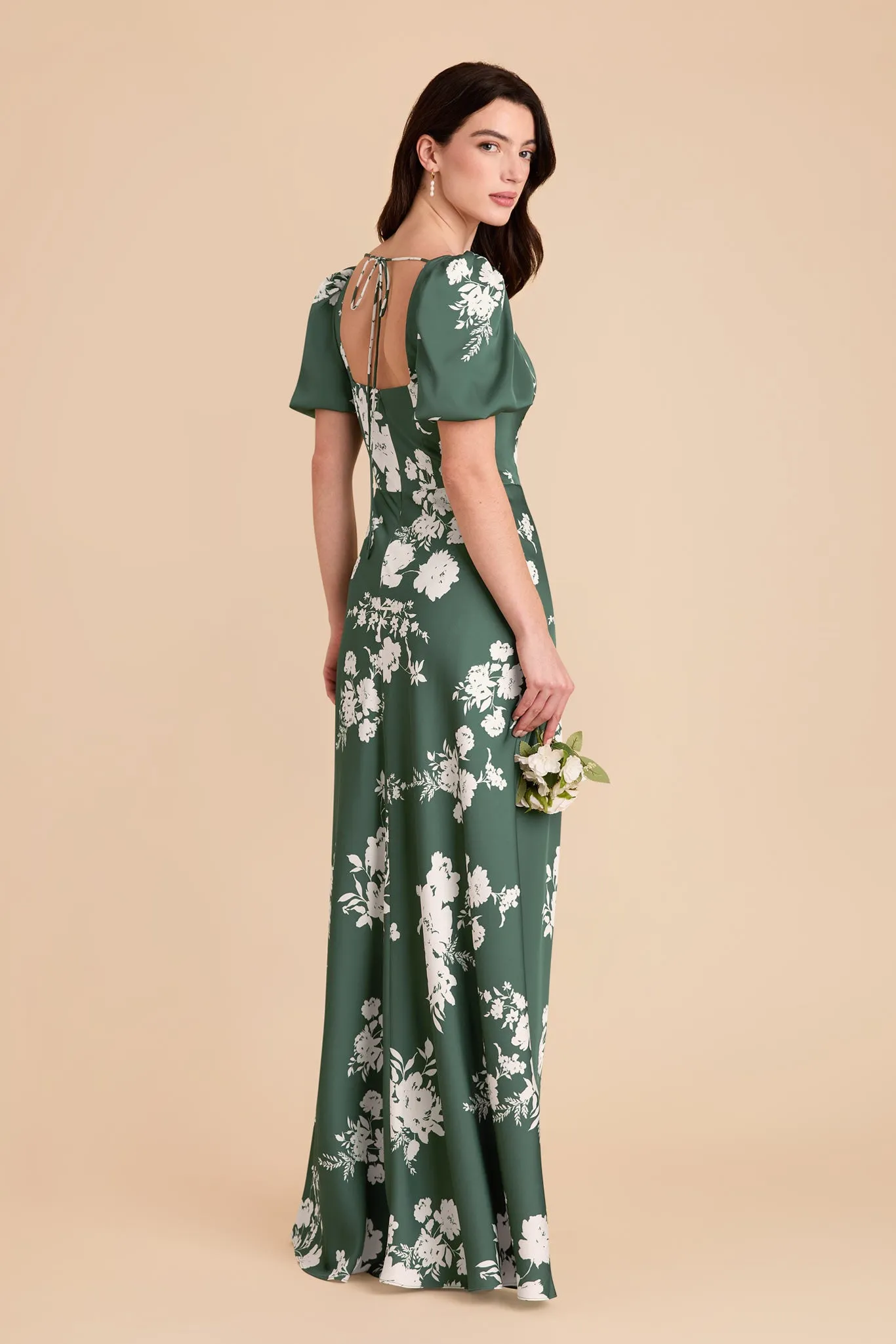 Judy Matte Satin Dress - Eucalyptus Whimsical Blooms sold by Birdy Grey product image thumbnail 3