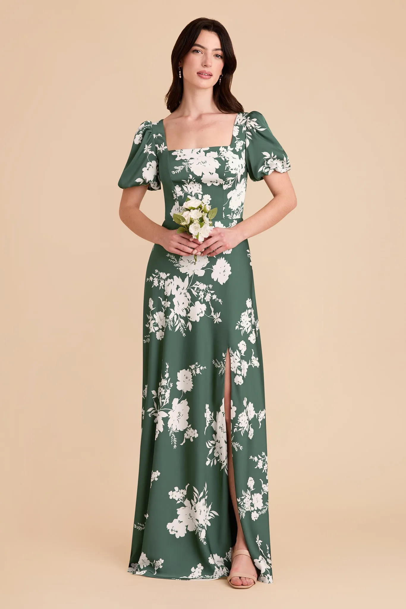 Judy Matte Satin Dress - Eucalyptus Whimsical Blooms sold by Birdy Grey product image thumbnail 2