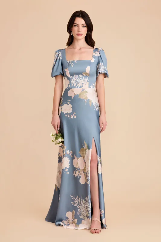 Judy Matte Satin Dress - Dusty Blue Romantic Bouquet sold by Birdy Grey