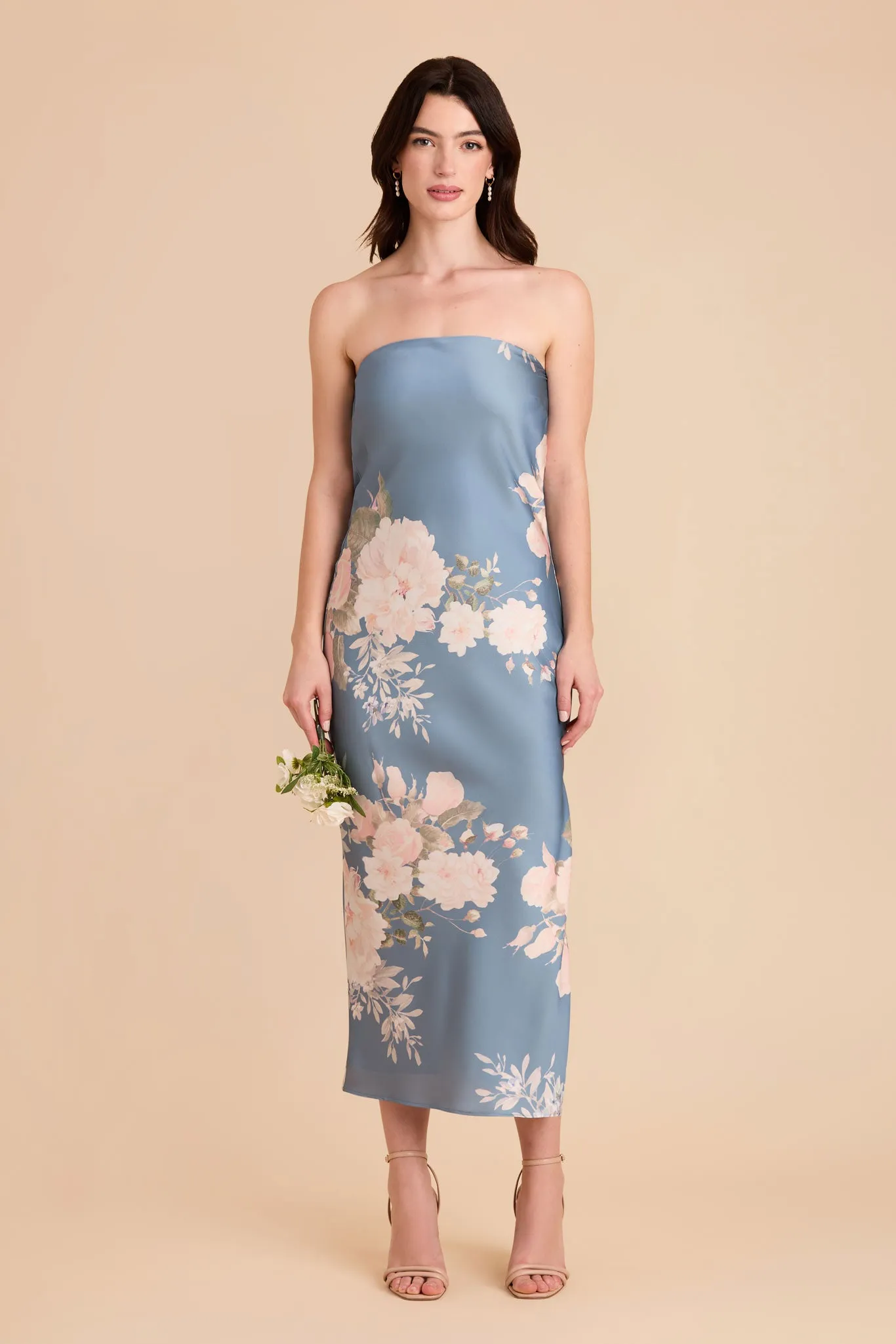 Isla Matte Satin Dress - Dusty Blue Romantic Bouquet sold by Birdy Grey