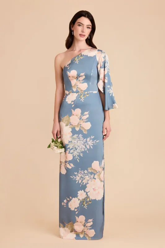 Christine Matte Satin Dress - Dusty Blue Romantic Bouquet sold by Birdy Grey