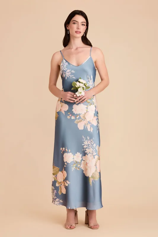 Alice Matte Satin Dress - Dusty Blue Romantic Bouquet sold by Birdy Grey