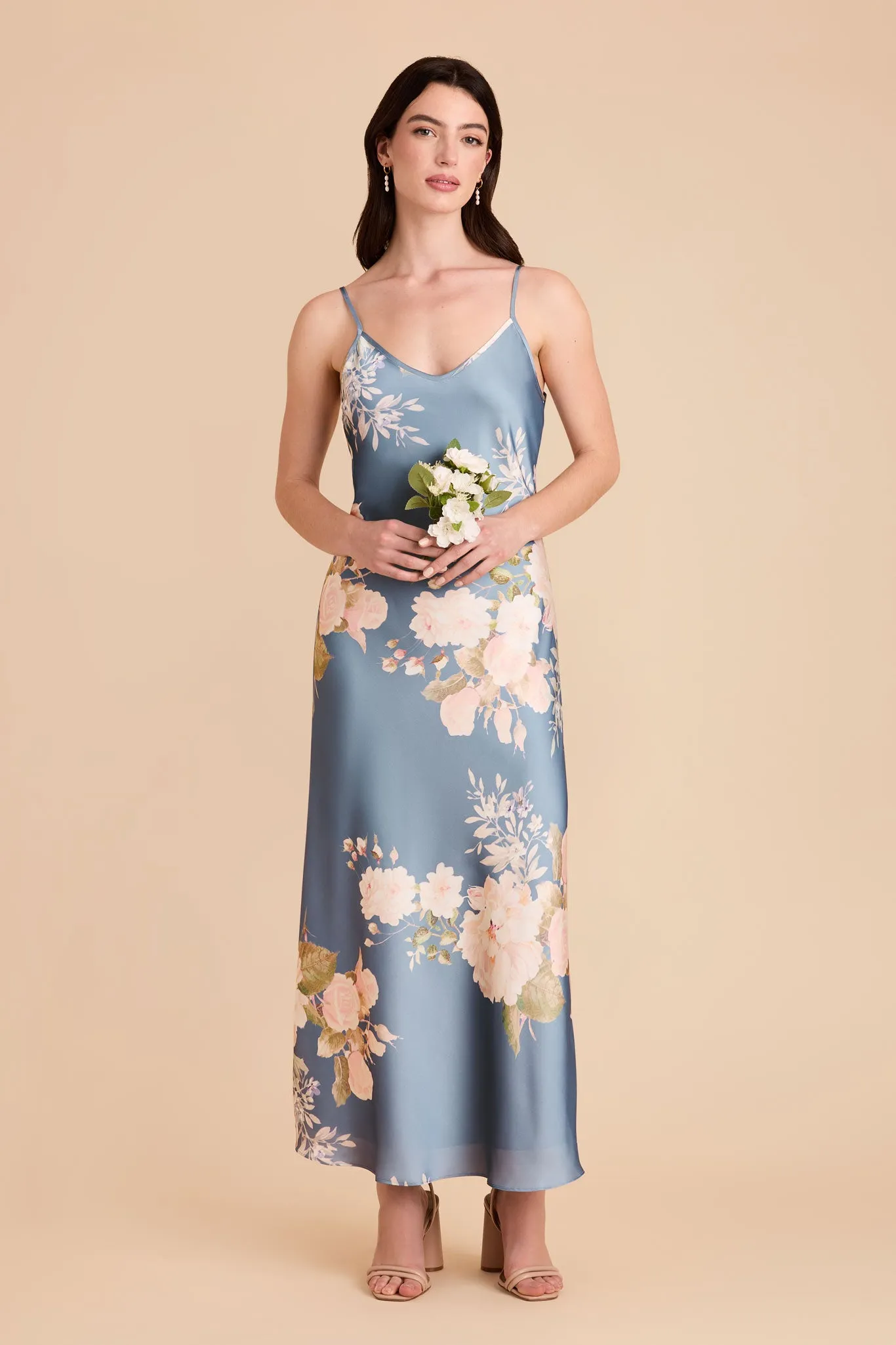 Alice Matte Satin Dress - Dusty Blue Romantic Bouquet sold by Birdy Grey