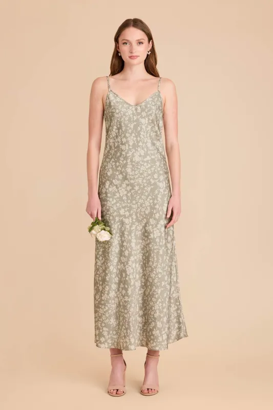 Alice Matte Satin Dress - Moss Green Dreamy Floral sold by Birdy Grey