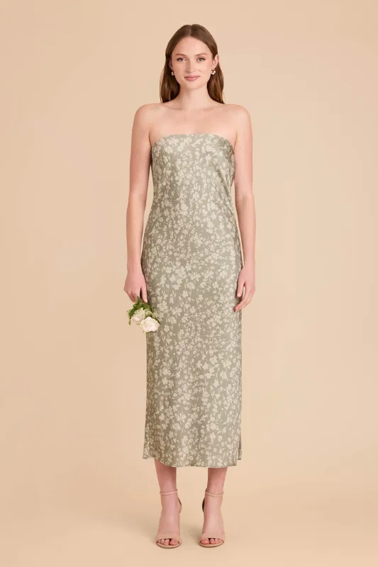 Isla Matte Satin Dress - Moss Green Dreamy Floral sold by Birdy Grey