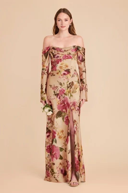 Maya Matte Satin Dress - Hazelnut Moody Blooms sold by Birdy Grey