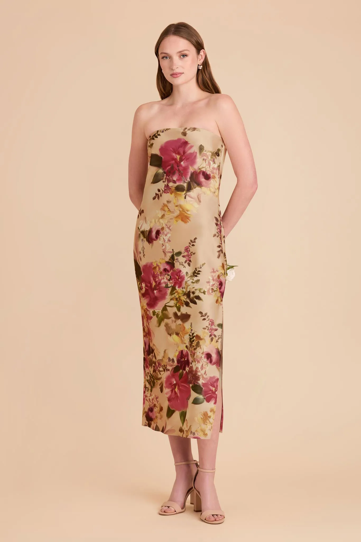 Isla Matte Satin Dress - Hazelnut Moody Blooms sold by Birdy Grey product image thumbnail 3