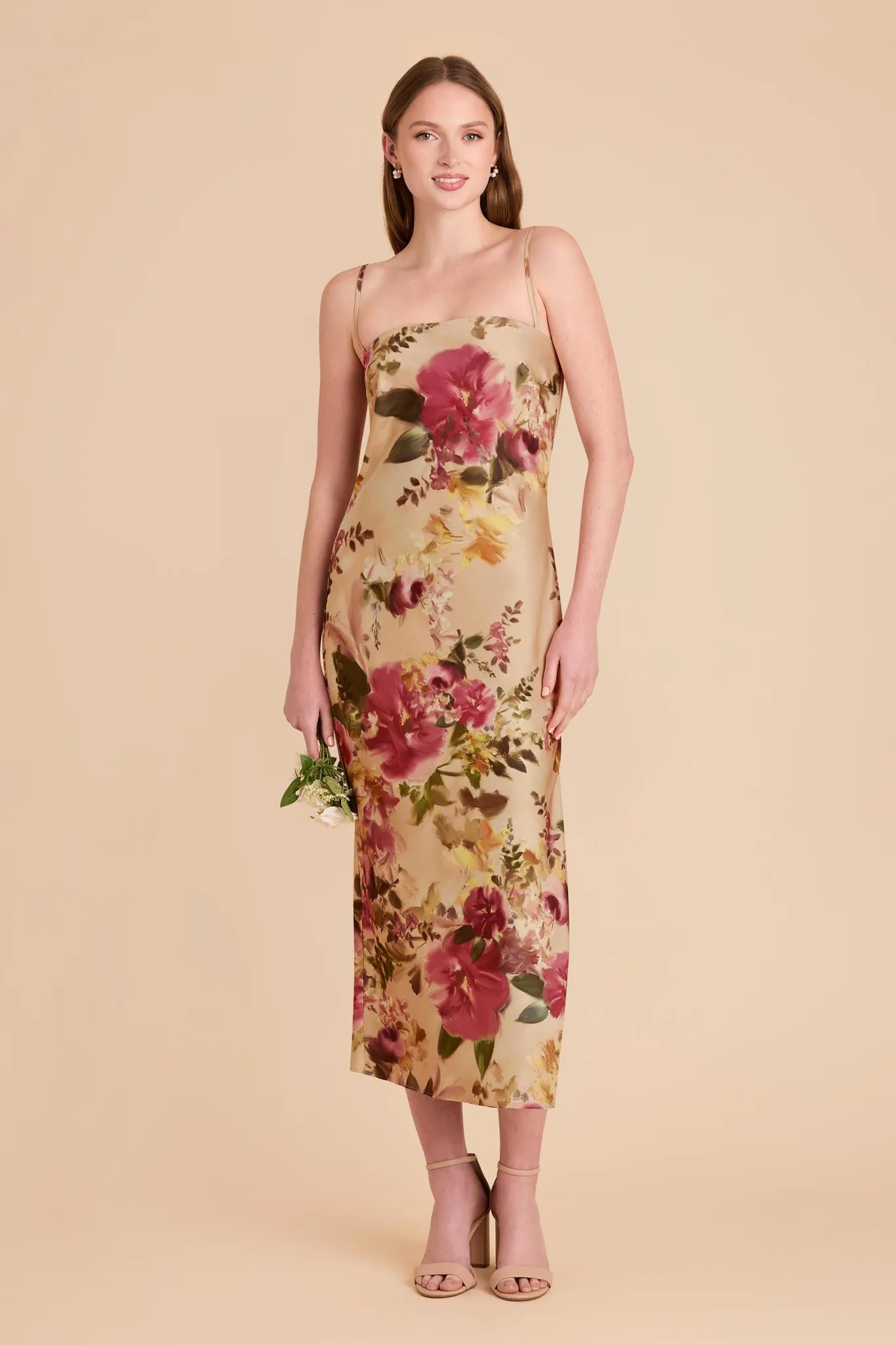 Isla Matte Satin Dress - Hazelnut Moody Blooms sold by Birdy Grey