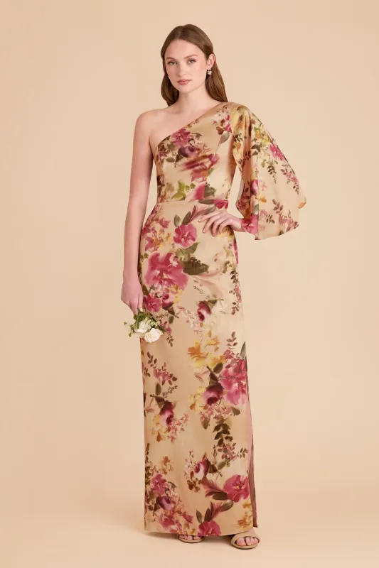 Christine Matte Satin Dress - Hazelnut Moody Blooms sold by Birdy Grey