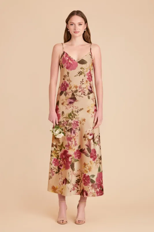 Alice Matte Satin Dress - Hazelnut Moody Blooms sold by Birdy Grey