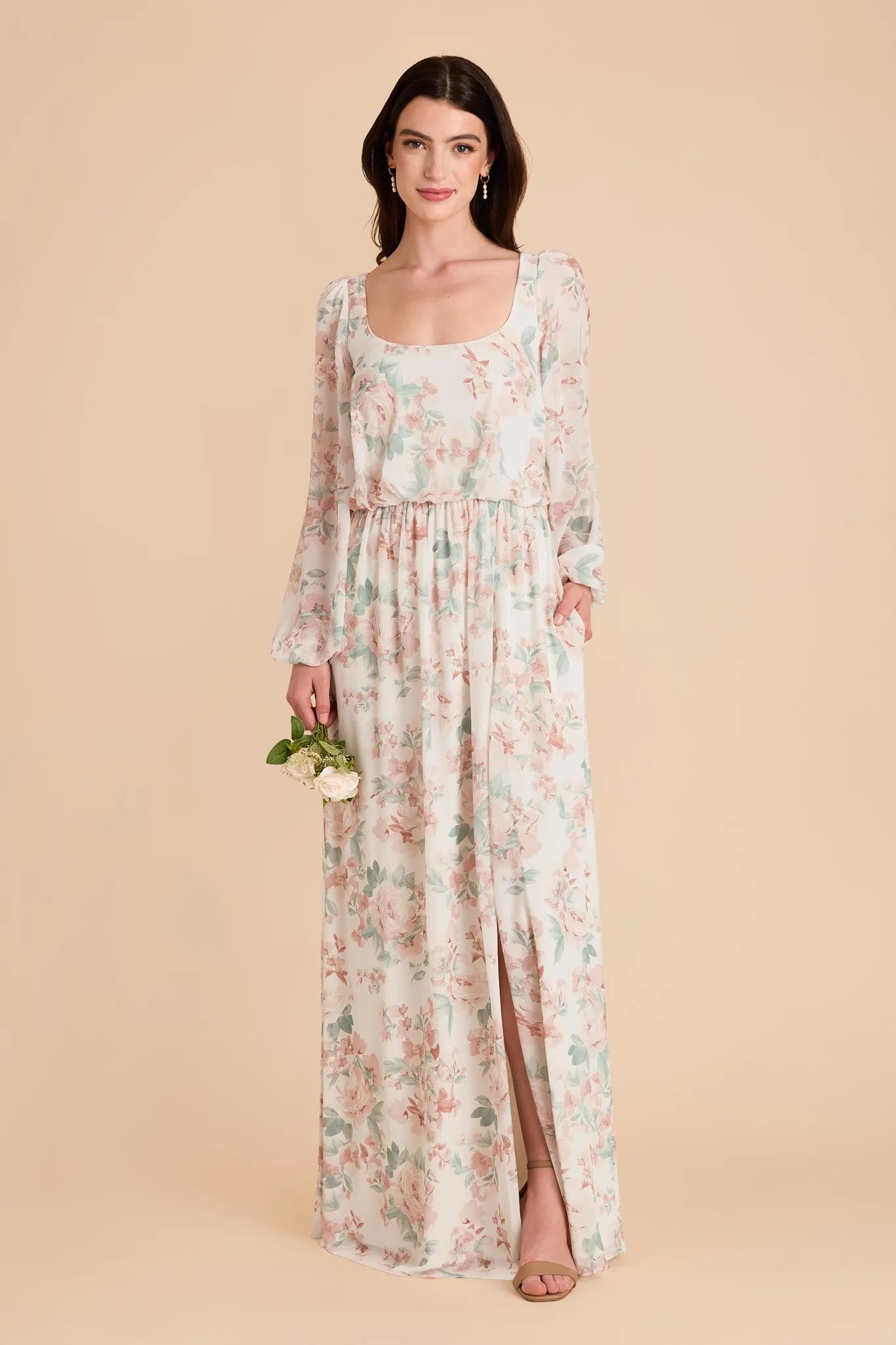 Eloise Chiffon Dress - Dusty Apricot Peonies sold by Birdy Grey