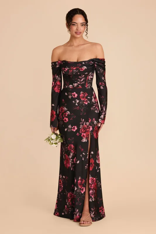 Maya Matte Satin Dress - Black Fleurs D'Amour sold by Birdy Grey