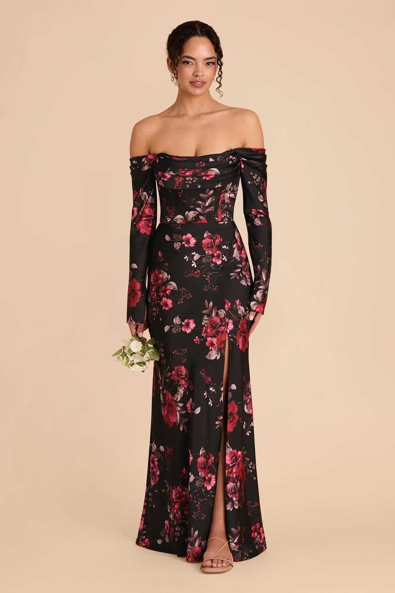 Maya Matte Satin Dress - Black Fleurs D'Amour sold by Birdy Grey