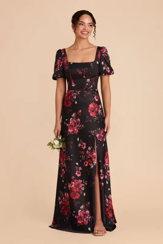 Judy Matte Satin Dress - Black Fleurs D'Amour sold by Birdy Grey