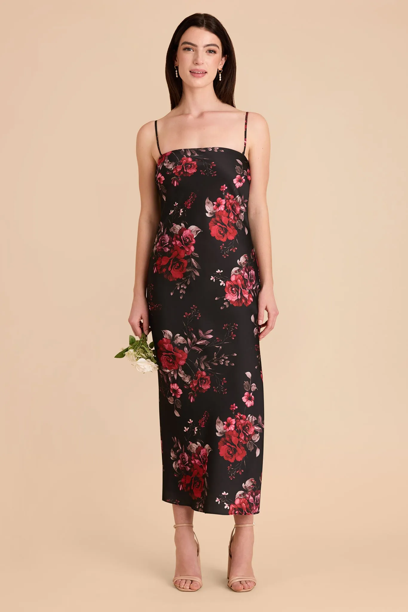 Isla Matte Satin Dress - Black Fleurs D'Amour sold by Birdy Grey