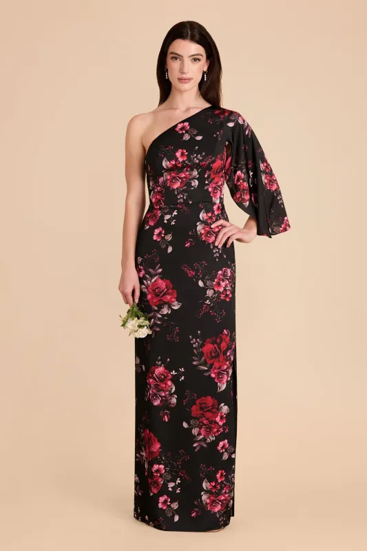 Christine Matte Satin Dress - Black Fleurs D'Amour sold by Birdy Grey