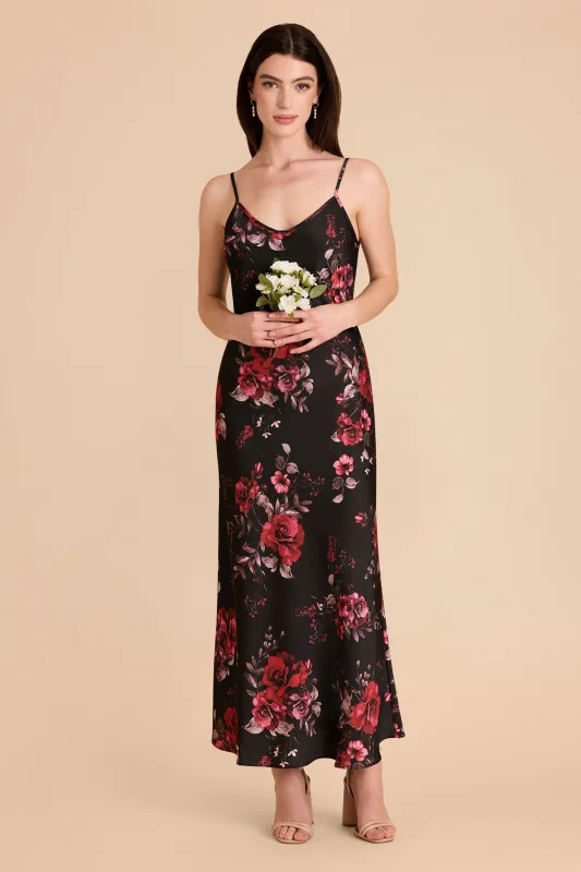 Alice Matte Satin Dress - Black Fleurs D'Amour sold by Birdy Grey