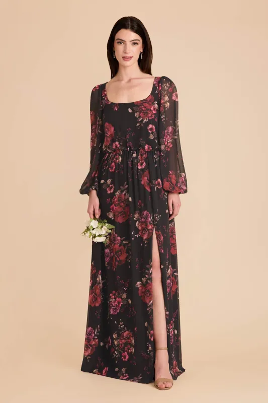 Eloise Chiffon Dress - Black Fleurs D'Amour sold by Birdy Grey