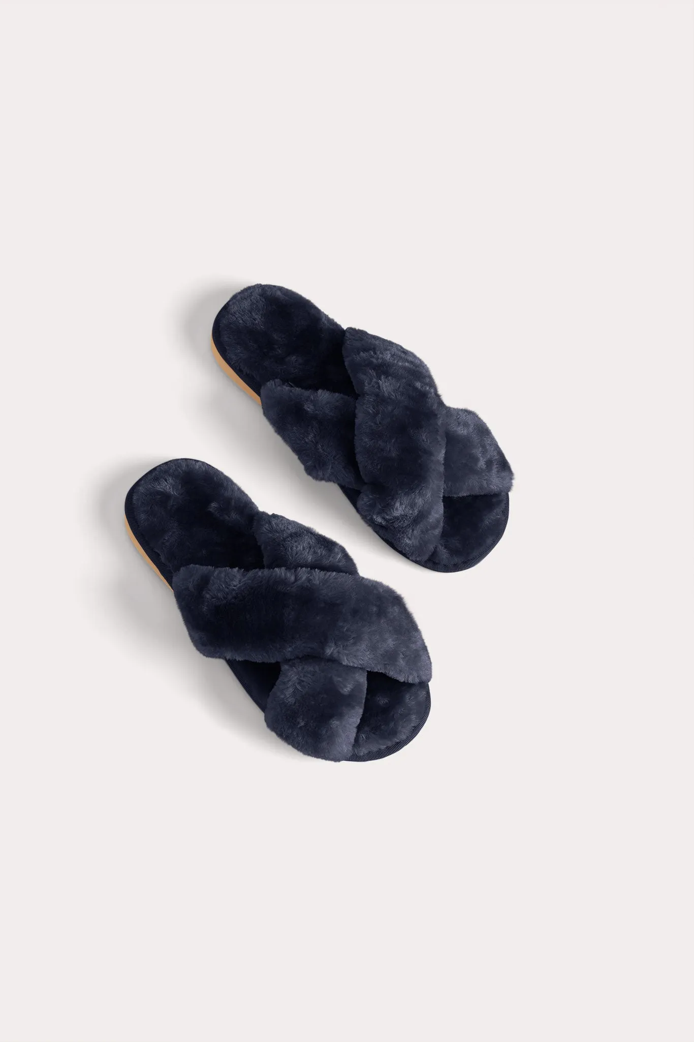 Criss Cross Fuzzy Slippers - Navy sold by Birdy Grey