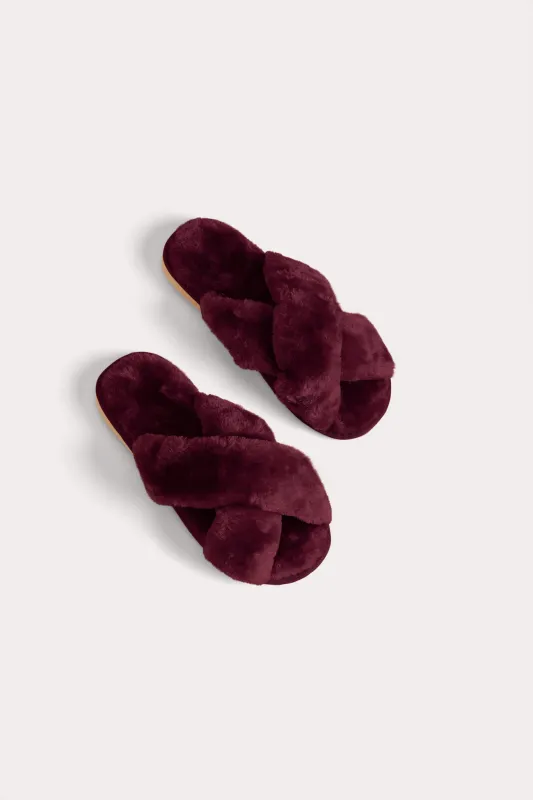 Criss Cross Fuzzy Slippers - Cabernet sold by Birdy Grey