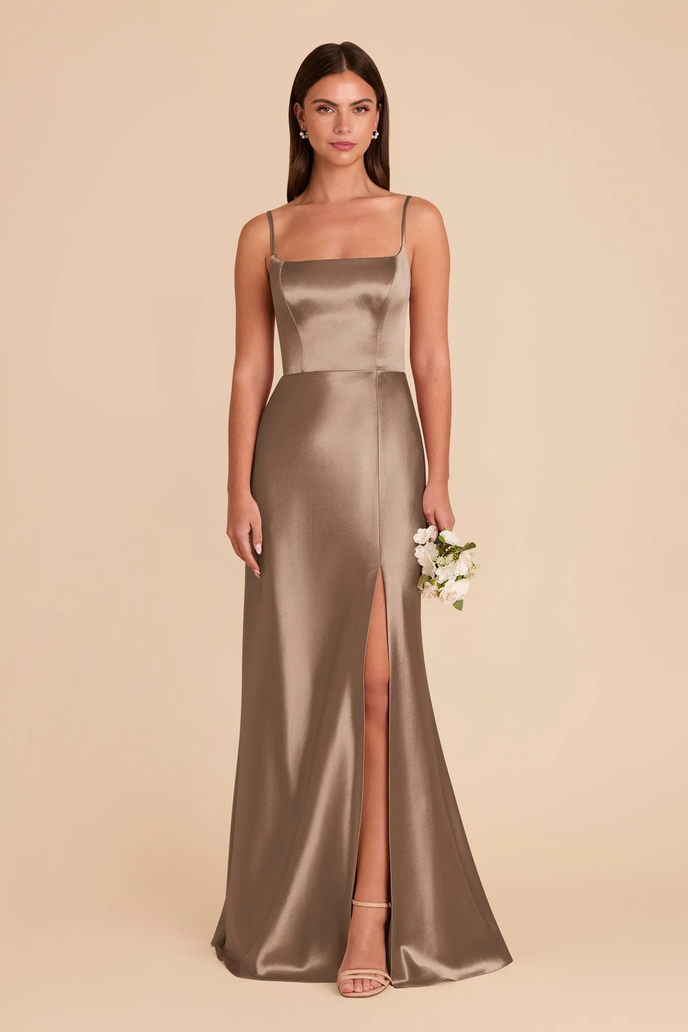 Mai Shiny Satin Dress - Mocha sold by Birdy Grey