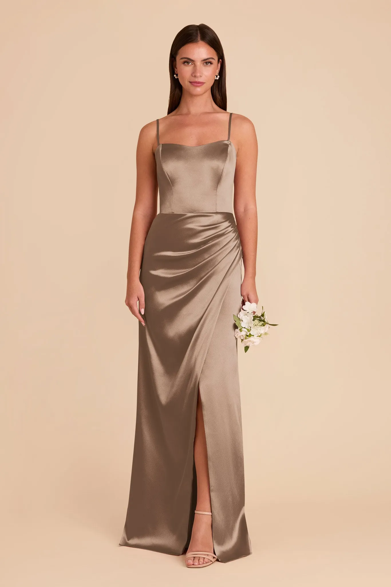Anne Shiny Satin Dress - Mocha sold by Birdy Grey