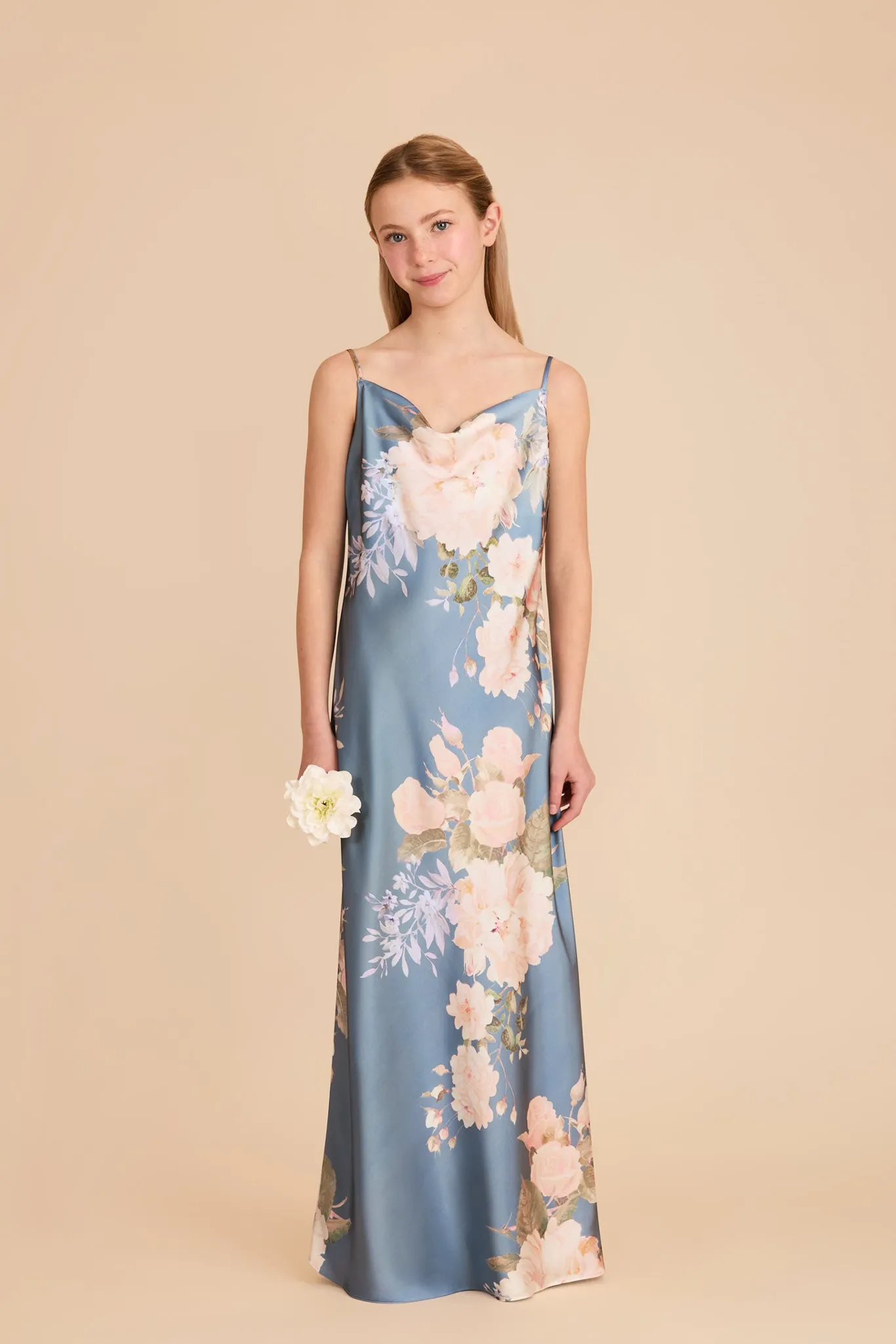 Elisa Junior Matte Satin Dress - Dusty Blue Romantic Bouquet sold by Birdy Grey