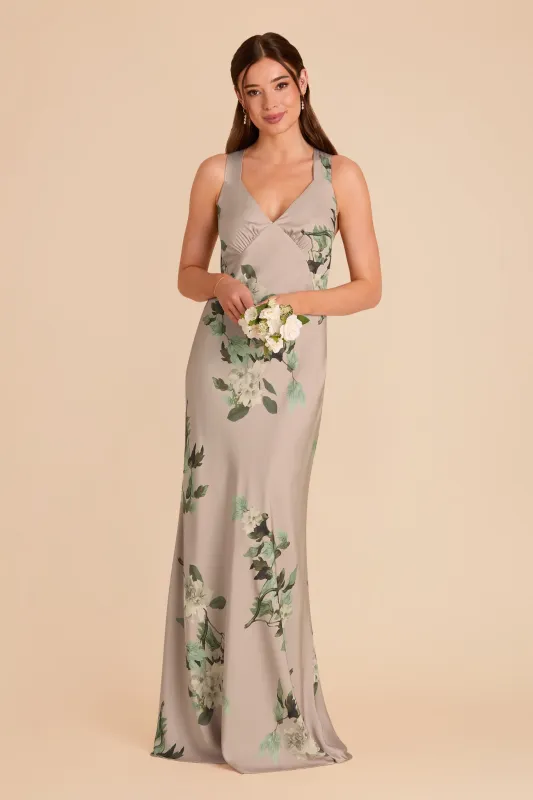 Veronica Matte Satin Dress - Latte Camellia Blooms sold by Birdy Grey