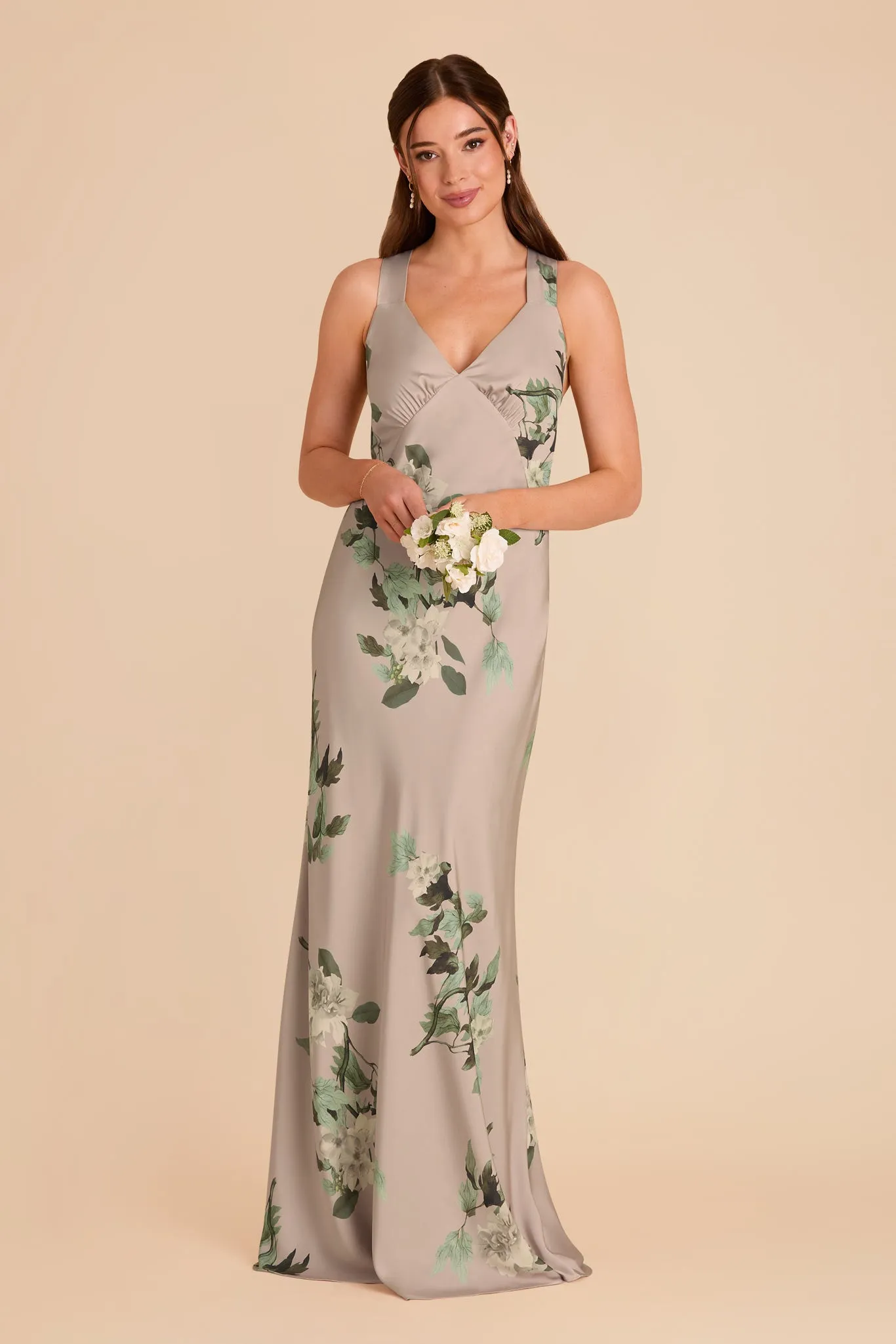 Veronica Matte Satin Dress - Latte Camellia Blooms sold by Birdy Grey