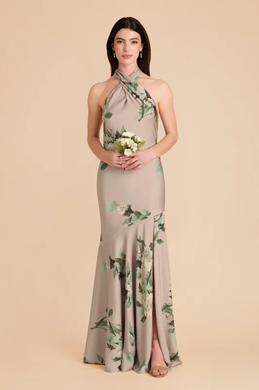 Stephanie Matte Satin Dress - Latte Camellia Blooms sold by Birdy Grey