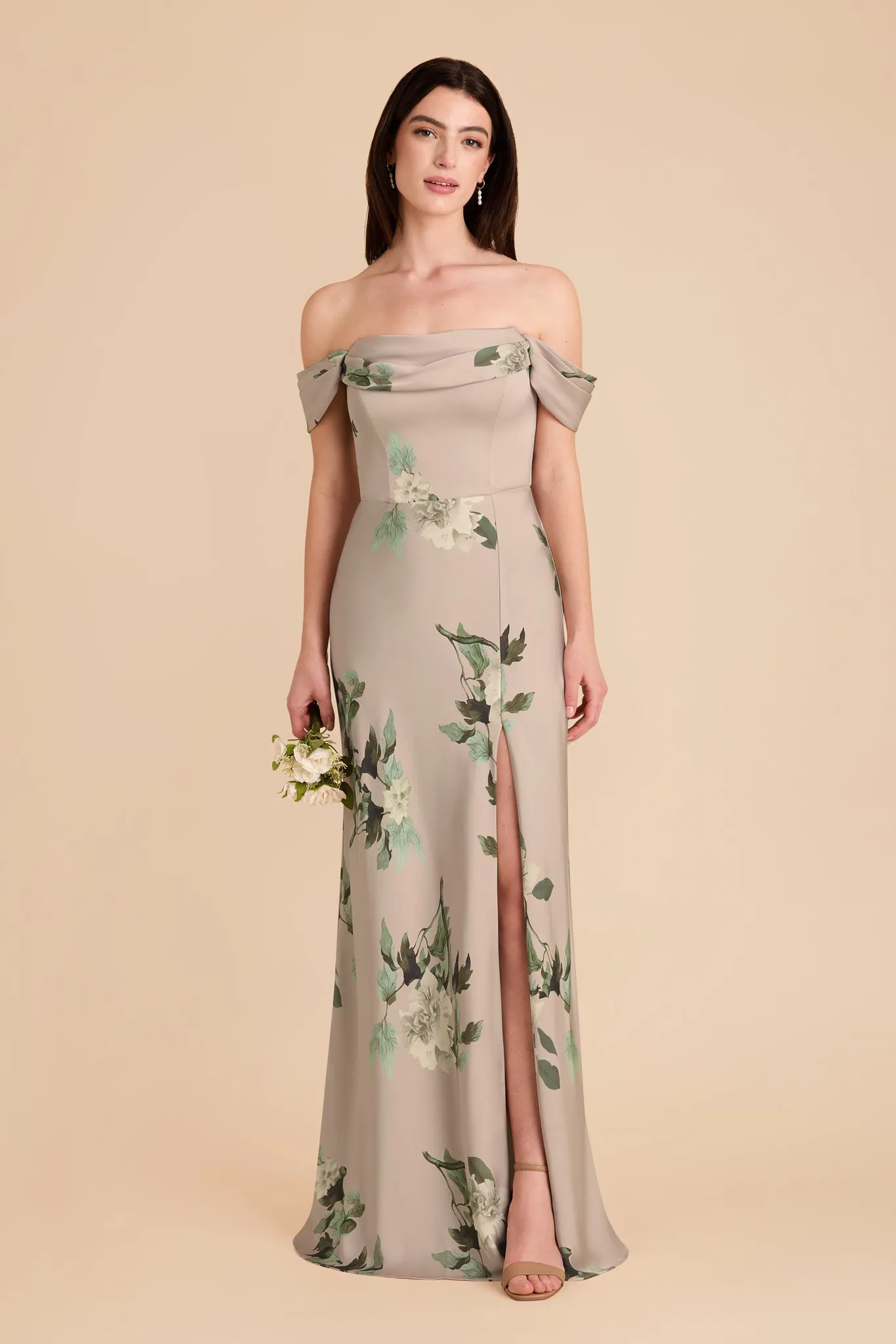 Mia Matte Satin Convertible Dress - Latte Camellia Blooms sold by Birdy Grey
