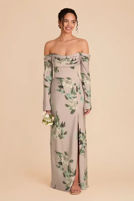 Maya Matte Satin Dress - Latte Camellia Blooms sold by Birdy Grey