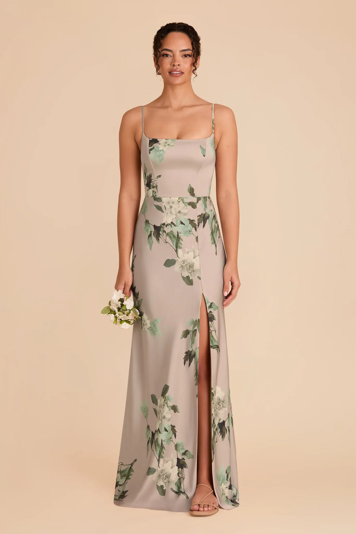 Mai Matte Satin Dress - Latte Camellia Blooms sold by Birdy Grey